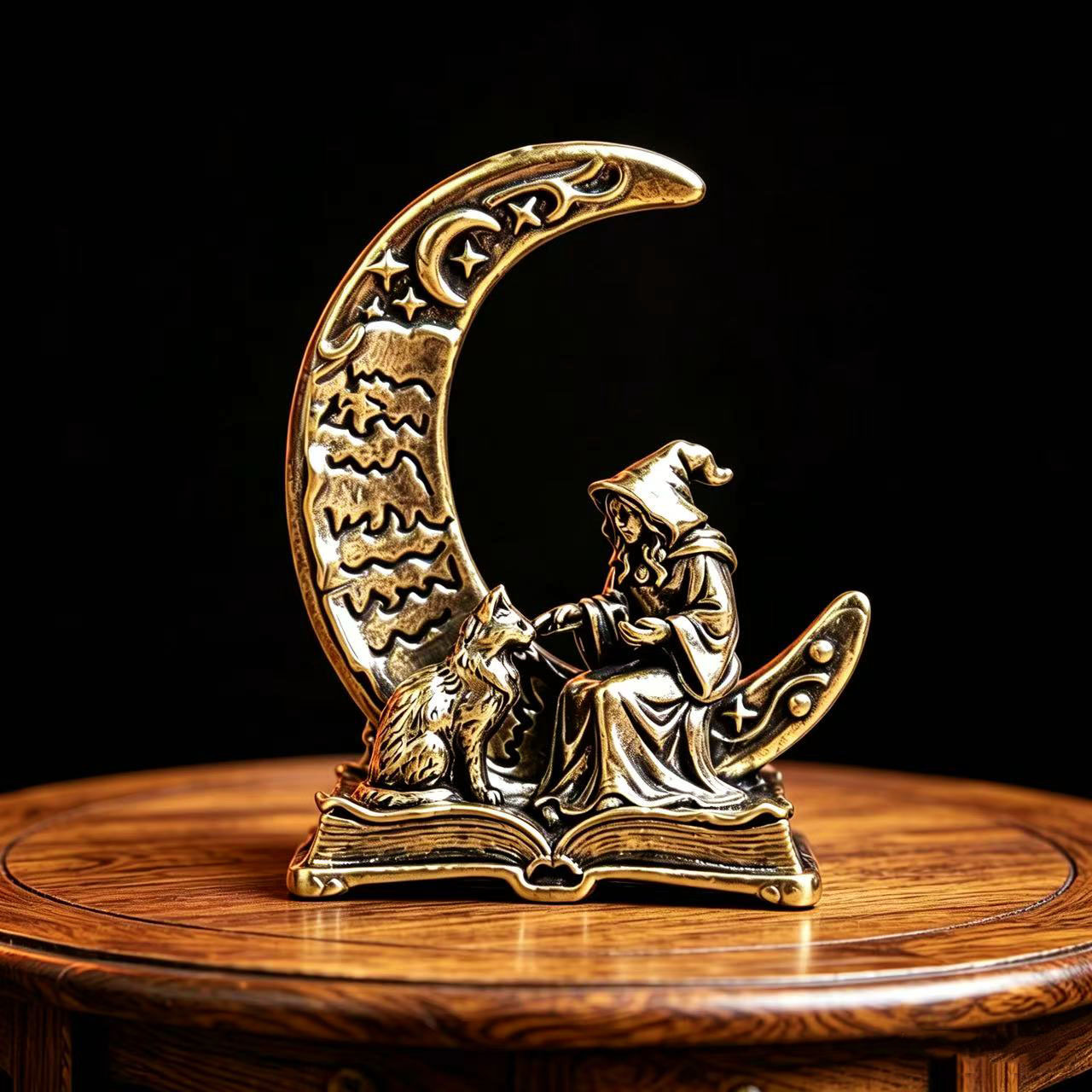 Vintage Collectible Ornaments - Латунная статуэтка ведьмы с кошкой, винтажная